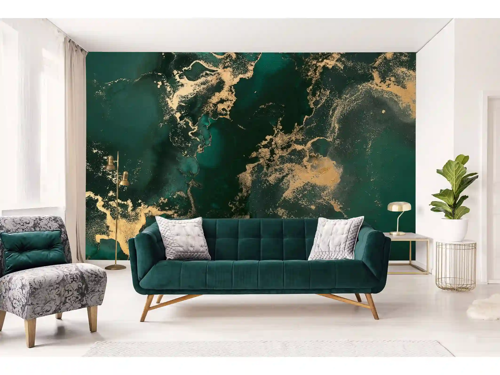 Wallpapered interior with a carefully composed patterned wall