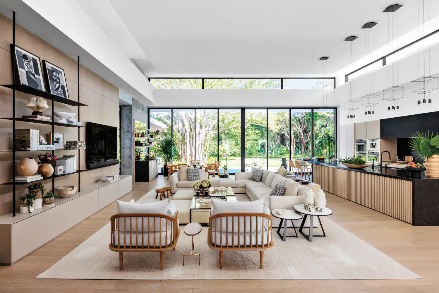 Bright sitting room with wallpapered wall and natural light