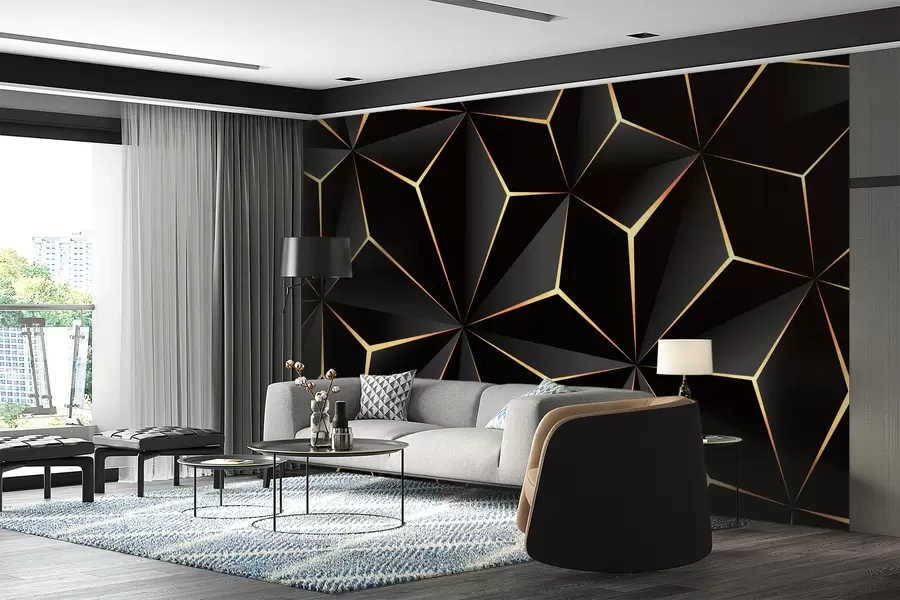 Bedroom with a geometric patterned wallpaper accent wall