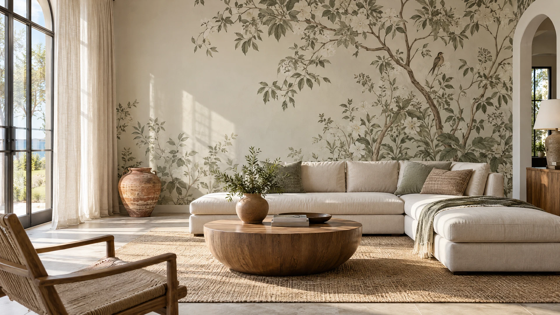 Wallpapered interior with a carefully composed patterned wall
