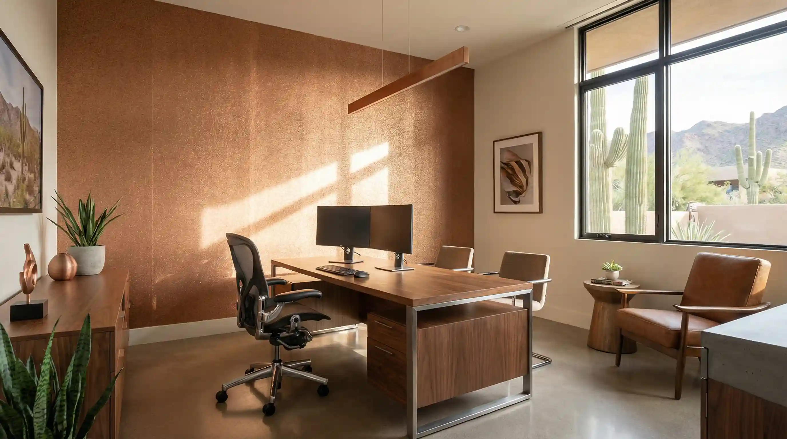 Wallpapered interior with a carefully composed patterned wall