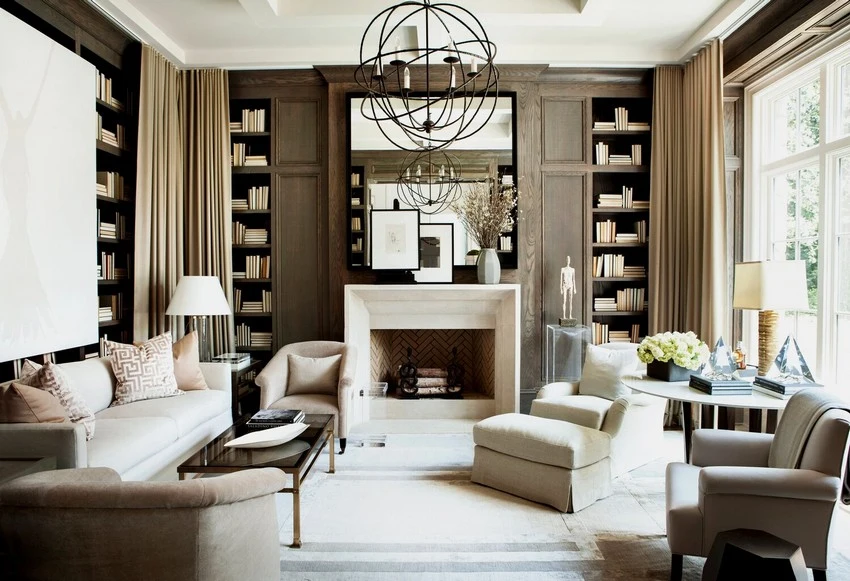 Wallpapered interior with a carefully composed patterned wall